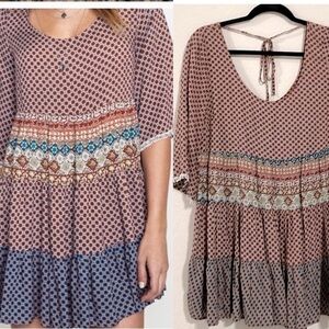Umgee Women’s Mini Dress Small Bohemian Floral Paisley Cotton Babydoll Tiered